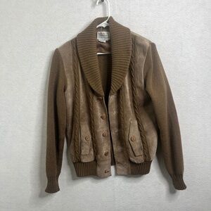 Vintage Tarleton Leather Knit Cardigan Jacket Brown Suede Cowhide Button Up
